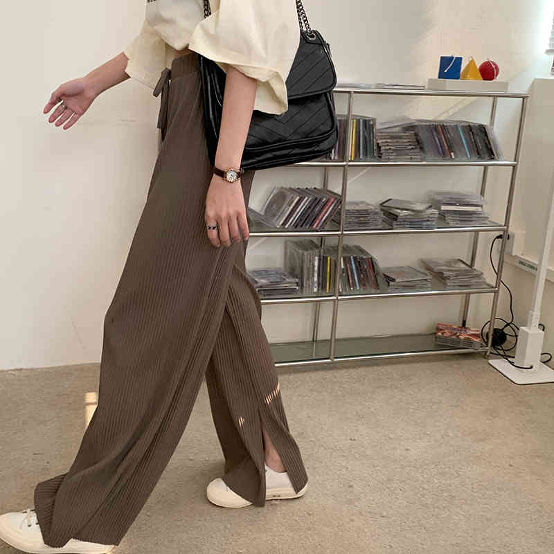 Pants & Capris Thin Summer High Waist Black Drawstring Elastic Split Wide Leg Pant Women Pleated Wild Loose Pantalones 210429