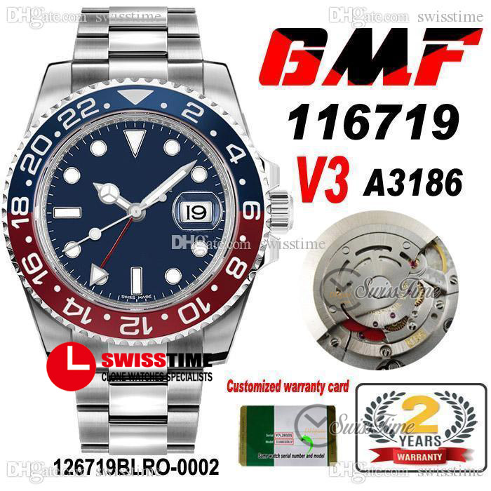 GMF V3 GMT II 116719 Cal A3186 Automatic Mens Watch Pepsi Red Ceramic Bezel Blue Dial 904L Steel Bracelet (Correct Hand Stack) Watches Super, Slivery;brown
GMF V3 GMT II 116719 Cal A3186 Automatic Mens Watch Pepsi Red Ceramic Bezel Blue Dial 904L Steel Bracelet (Correct Hand Stack) Watches Super, Slivery;brown