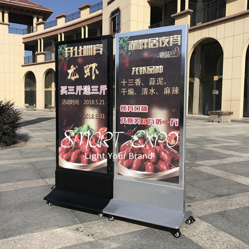 Double Sides Movable Advertising Display Magnetic Led Slim Light Box with Base Wheels Wooden Case Packing (80*180cm)