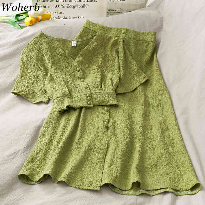 Vitnage Pleated Skirts Two Pieces Set Women Short Sleeve Blouse + High Waist Midi Long Skirt Summer Korean Outfits 210519