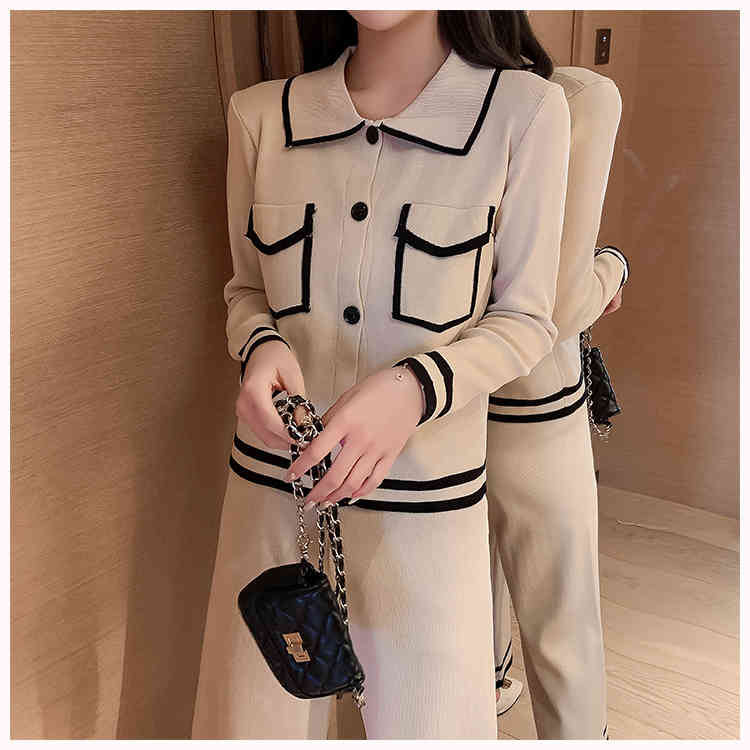Autumn And Winter Arrival Women Vintage Elegant Sweater + 2pcs Fashion Set Casual Knit Wide Leg Pants Suit 210520