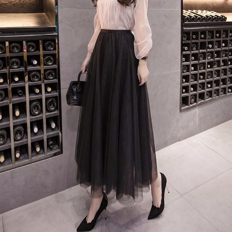 Spring Summer Korean Style Women Swing Long Skirt Pleated Lace Mesh Sweet Loveliness Lady High Waist Ball Gown Skirts D183 210512
