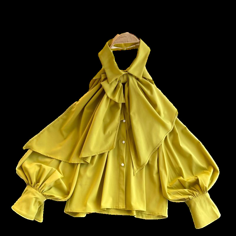 2021 Spring Autumn New Blouse Women Halter Scheming Halter Shirt Bowknot Lapel Puff Sleeve Female Top C031 210317
