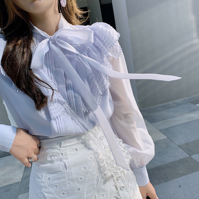 Nomikuma Women Blouse Korean Ruffle Patchwork Shirts Causal Bow Tie Stand Neck Elegant Tops Spring New Blusas Mujer 6F605 210427