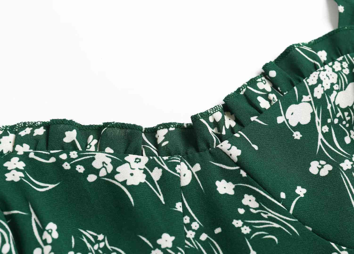 France Style Floral Print Bow Tie Strap Ruffles Hem Midi Dress Retro Sexy Women Elastic Slim Sling Tea Green Red 210429
