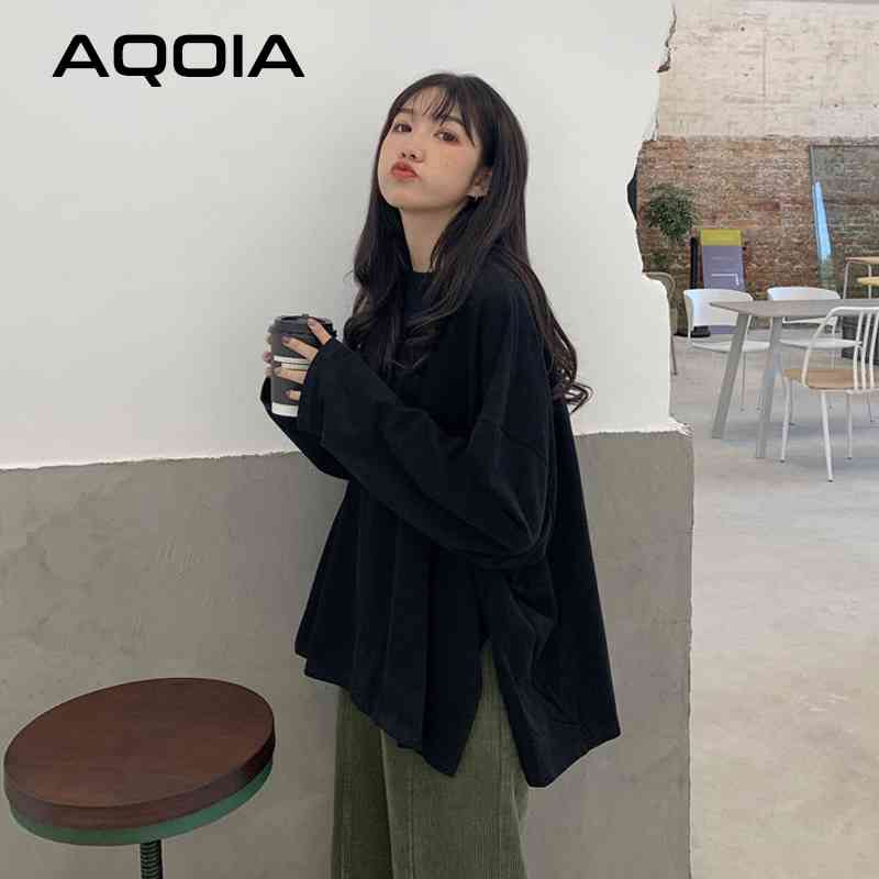 AQOIA Streetwear Y2K Long Sleeve White Black Women T Shirt Plus Size Loose ops Autumn irregular Split Female Shirts 210521