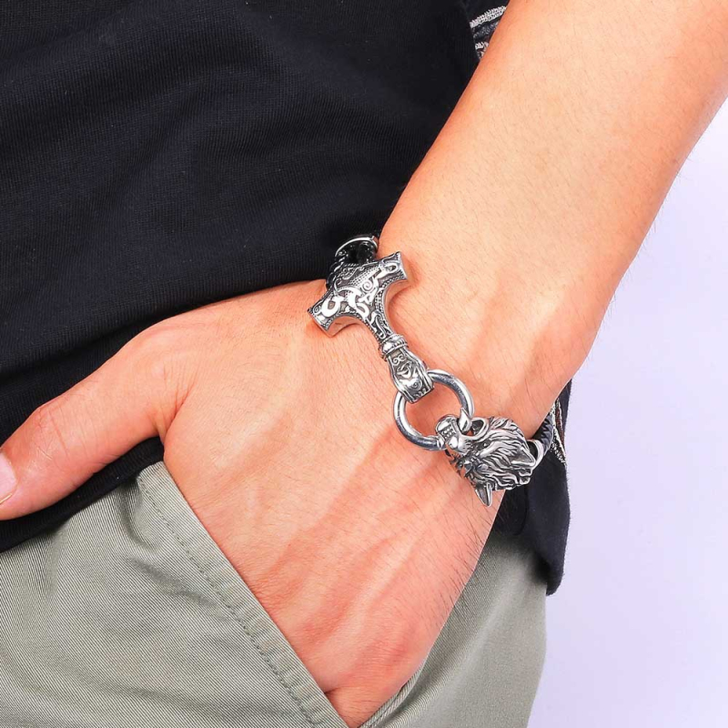 Stainless Steel Wolf Head Charm Genuine Leather Bracelet Men Gift Snap Hook Bangle Jewelry