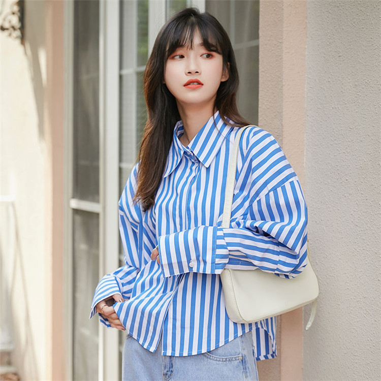 Fashion Women Shirt Female Tops Long Sleeve Casual Turn-down Collar Women's Loose Striped Blouse ZA5796 210427