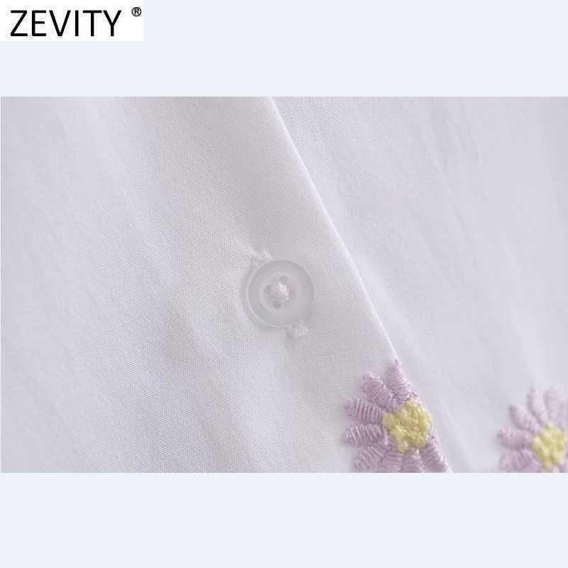Zevity Women Sweet Floral Embroidery Casual Smock Blouse Female Short Sleeve Pleat Ruffles Shirts Chic White Chemise Tops LS9258 210603