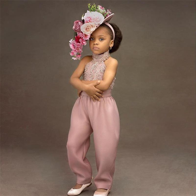 Lovely Jumpsuit Flower Girl Dress Halter Lace Appliques Sleeveless Custom Made Birthday Gowns Ankle Length Pageant First Communion Dresses