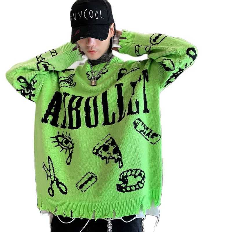 Autumn Winter Ripped Hole Punk Hip Hop Sweater Men's Red Green Color Pullover Korean Style Graffiti Jersey Hombre 211018