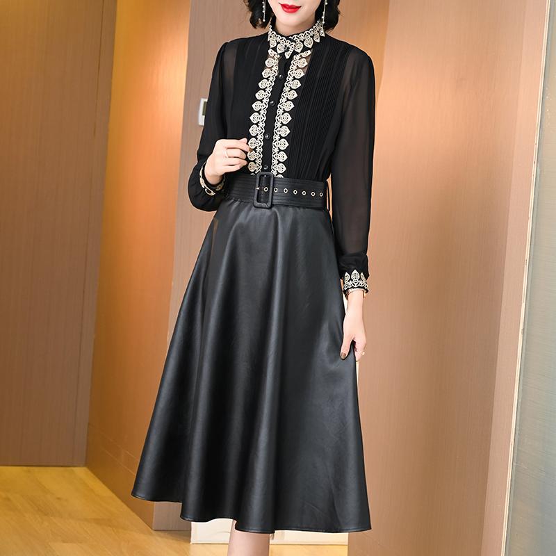 Spring Women Two Piece Set Elegant Flower Embroidery Chiffon Shirt Tops + High Waist Pu Leather Midi Skirt Suit Women's Tracksuits