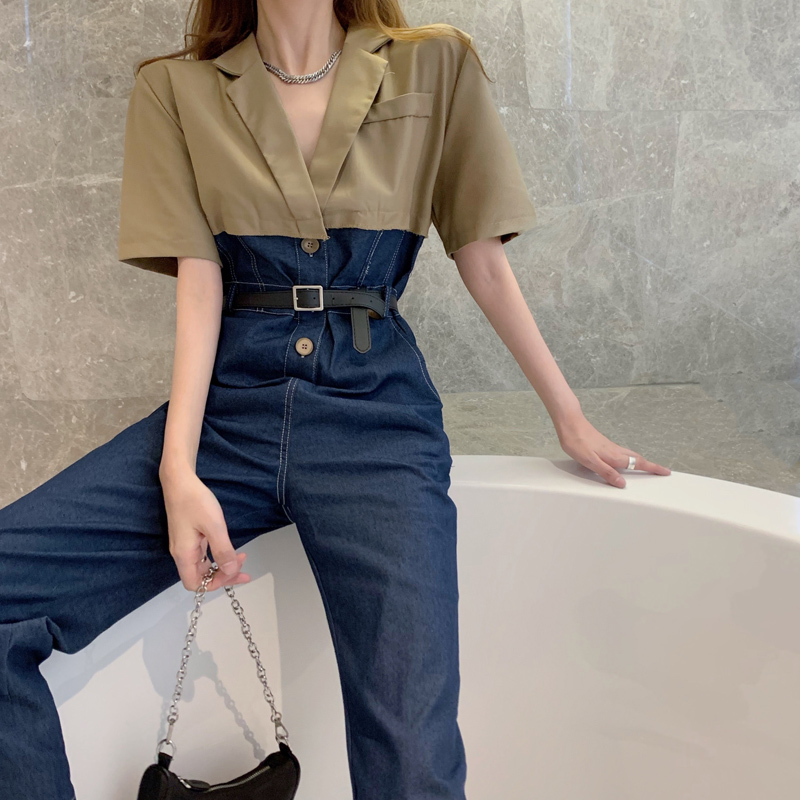 Summer Women Denim Overalls Fashion Patchwork Jumpsuits Office OL Notched Rompers Jeans Female Casual Long Trousers 210519