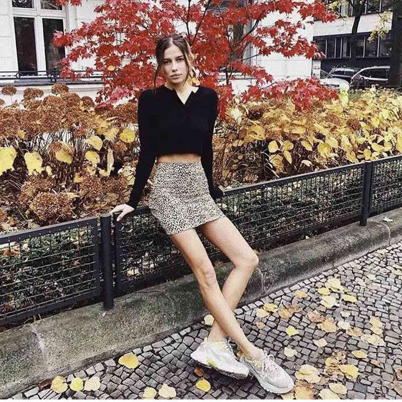 Leopard print mini skirts womens autumn winter knitted high waist chic streetwear bodyon elastic faldas 210427