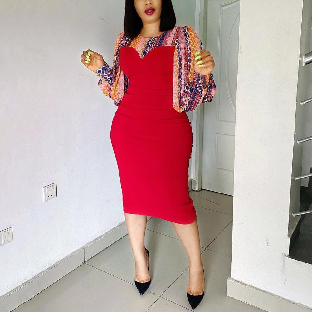 African Business Dress For Women Office Purple Patchwork Full Sleeve Bodycon Mid Calf Elegant Work Clothes Midi Dresses 210510