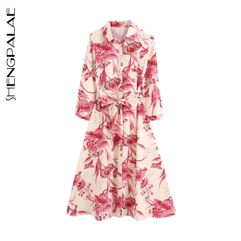 Spring Women Vintage Loose High Waist Slim Was Thin Elegant Flowers Printing Single-breasted Maxi Dress ZA5970 210427