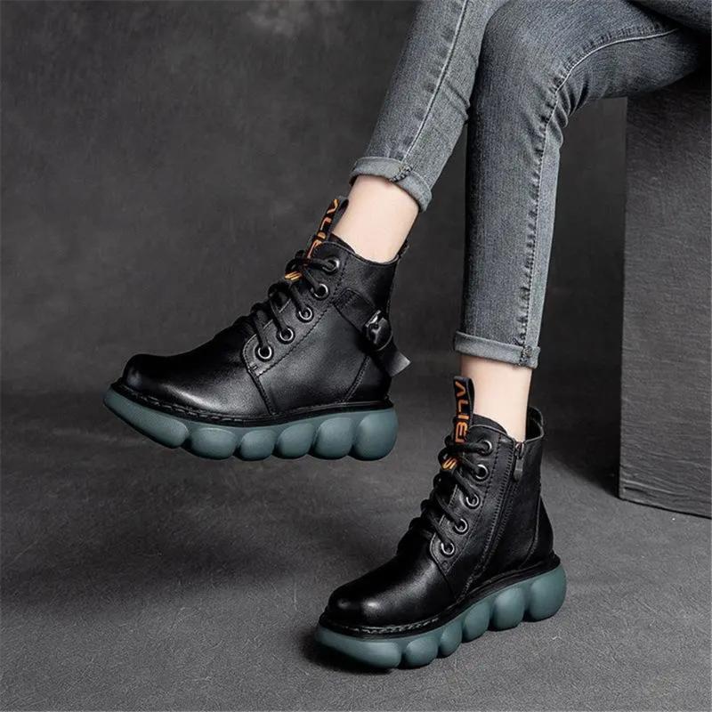 Boots Vintage Mother Wedges Genuine Leather Ankle Boot For Women Lace-Up Winter Non Slip Shoes Female Platform Fashion Buckle