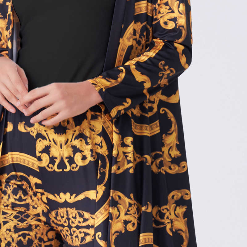Summer Women 2 Pieces Set Vintage Palazoo Print High Waist Elastic Pants Long Sleeve Open Front Coat Homewear Business Suit 210810