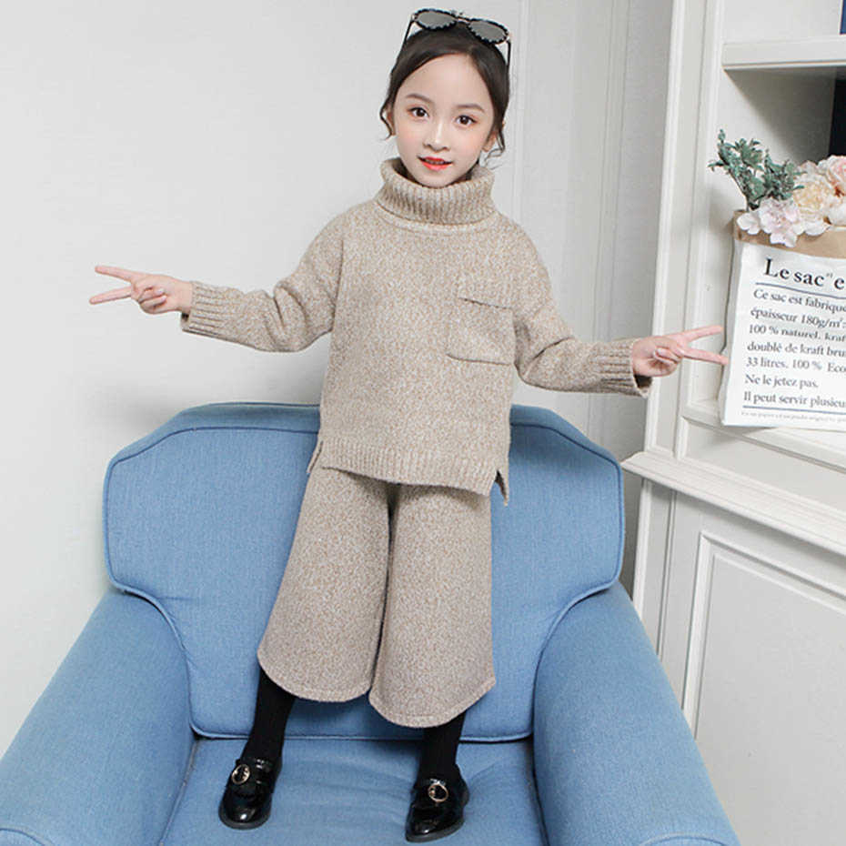 Teenage Children Clothes Sweater + Pants Costume For Girls Thick Warm Girl Knitted Set Autumn Winter Kids Clothing 210528
