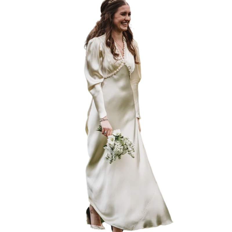 Vintage V-Neck A Line Wedding Dress For Bride Long Puff Sleeve Silk Satin Simple Bridal Dresses Floor Length Classic Wedding Gowns 2022