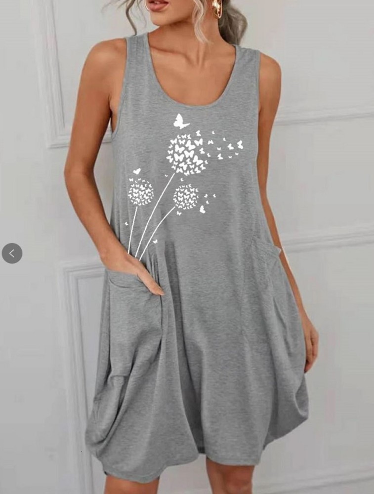 Casual sleeveless vest dress pocket print large skirt, Black;gray
