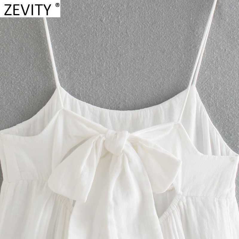Zevity Women Back Bow Tied Patchwork White Sling Midi Dress Female Spaghetti Strap Vestido Chic Casual Summer Dresses DS8304 210603
