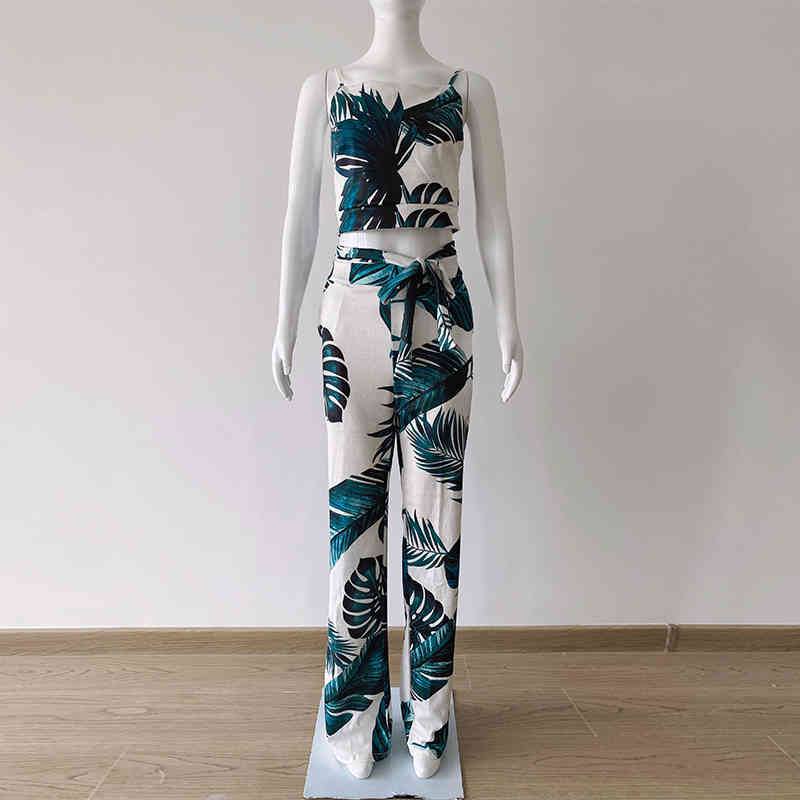 summer Palm Leaf Printed Sexy Sling Top & long pant with Belt women 2 peice set S-XL 210521