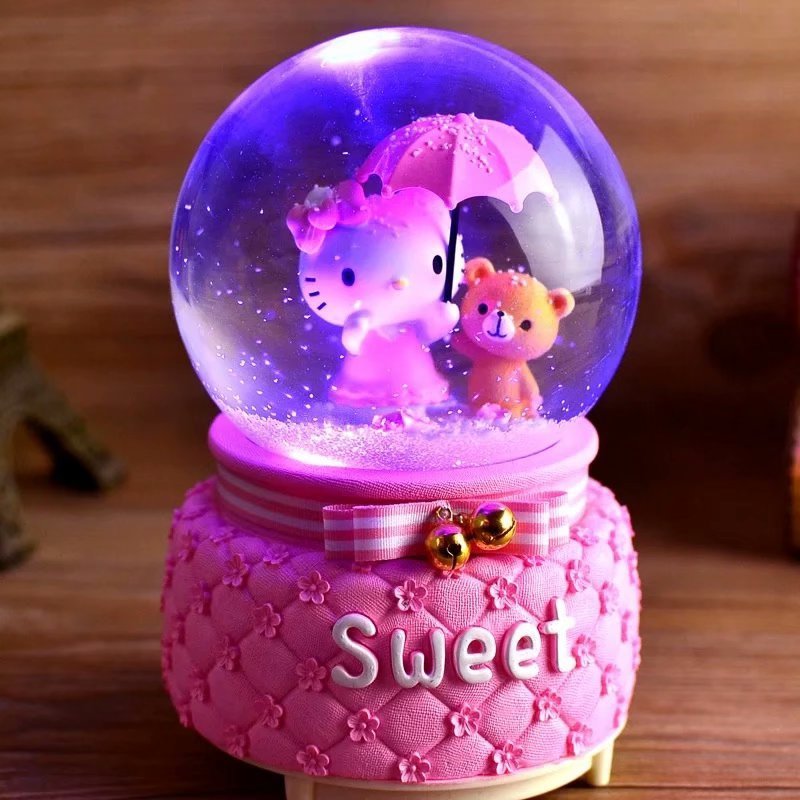 Crystal Ball Music Box Pink Girl Star Moon Rainbow Unicorn Glowing Snowflakes Music Box Home Decoration Desktop Ornament 210319