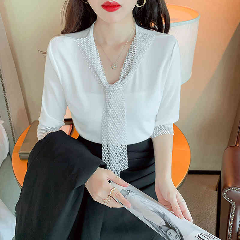 Korean Blouse Summer Womens Bright Diamond Tops And Blouses Office Lady Solid Color Sexy V-neck Long Sleeve Top 210515