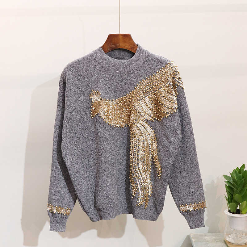 Autumn Winter Knitted Women Tracksuit Sequins Beading Phoenix Long Sleeve Loose Sweater + Casual Pants Two Piece Set D1281 210930
