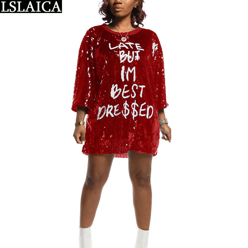 Fashion women shirts three quarter sleeve sequin O-neck letter print s tops and blouses loose wild elegant 210515