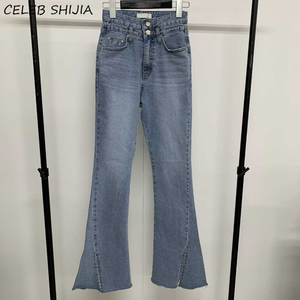 SHIJIA Chic Bell Denim Jeans Woman High Waisted Elastic Pants Light Blue Korean Clothes Street Flare Female 210922
