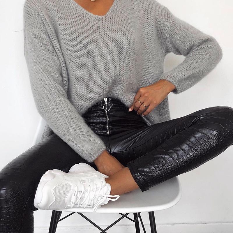 Women Elegant Black Faux Leather Suit Pants High Waist Casual Autumn Winter Crocodile Pattern Zipper Pencil Skinny Sexy Women's Shorts