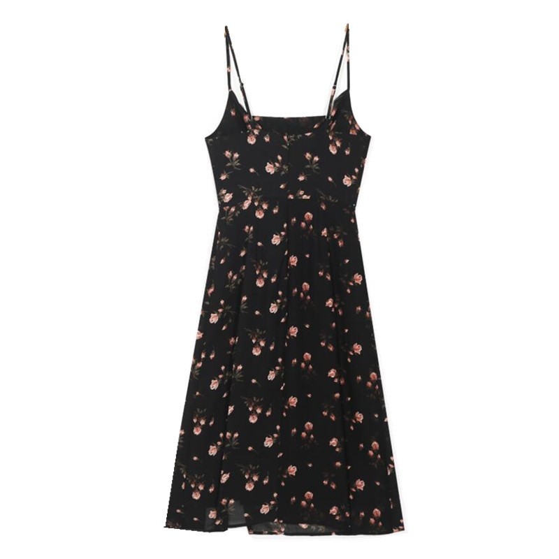 Vintage French Summer Black Floral Print Spaghetti Strap Midi Dress Retro Sexy Women Adjust Sling Slit Dresses Vestido 210429