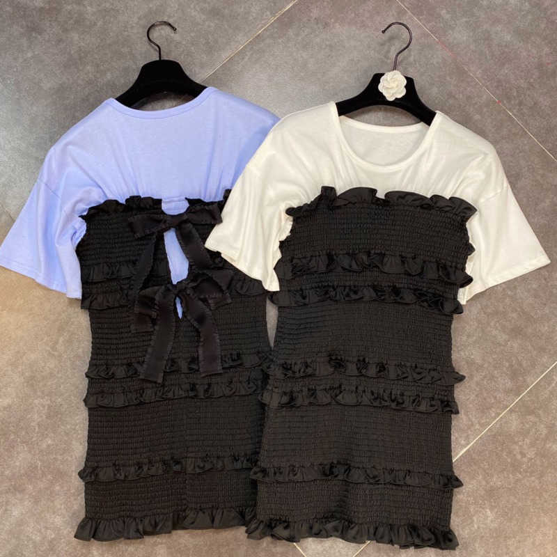 DEAT Women Ruffles Pleated Patchwork Dress Round Neck Short Sleeve Arrivals Lady Sexy Fashion Spring Summer 11D363 210709