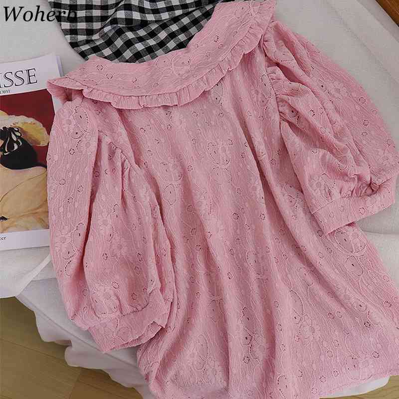 Korean Blusas Mujer Beading Peter Pan Collar Vintage Short Puff Sleeve Summer Blouses Women Tops Loose Kawaii Shirt Retro 210519