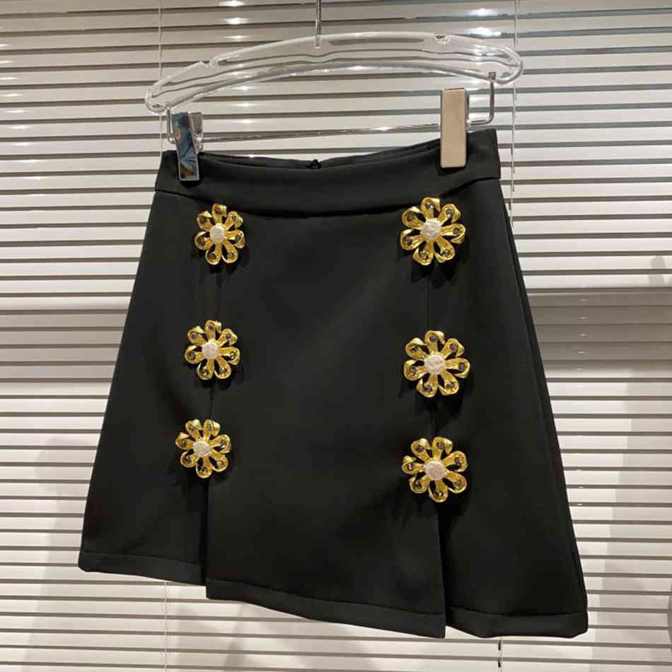 Free Women's Chic Flower Button High Waist Skirt Summer Black Sexy A-line Fashion Mini 210524