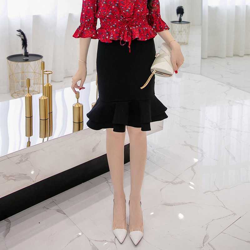 SEXMKL Womens Korean Pencil Skirt Fashion Elegant High Waist Ruffle Black Office Ladies Sexy Plus Size Red Jupe 210621
