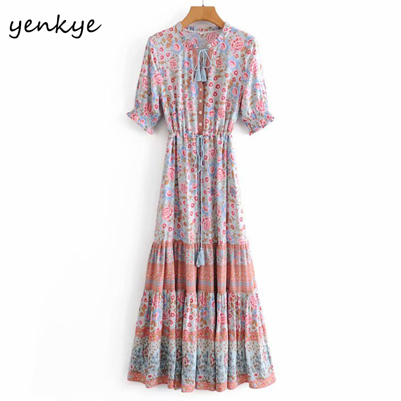 Vintage Floral Print Boho Long Dress Women Lace Up V Neck Drawstring Waist A-line Casual Holiday Summer Plus Size 210430