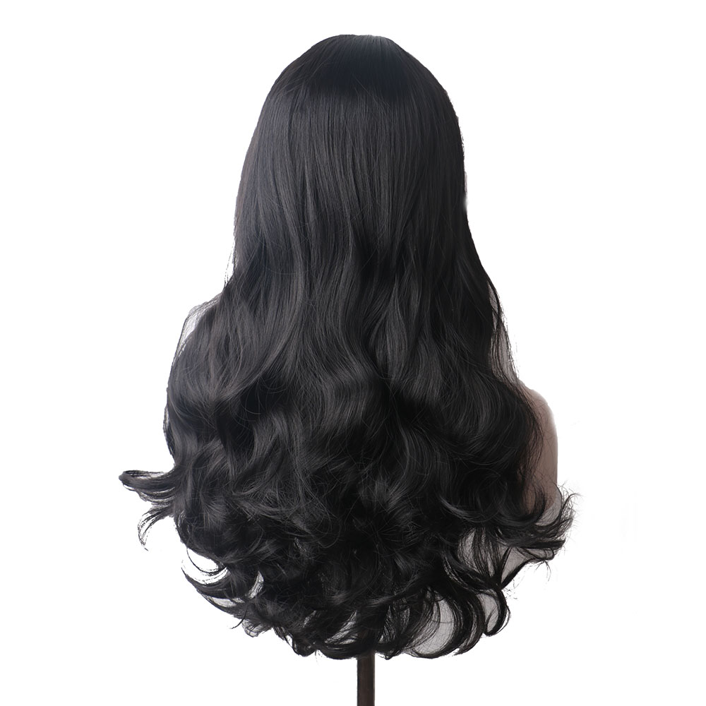 WoodFestival Synthetic Hair Black Long Wavy Wig With Bangs Cosplay Wigs For Womens Ombre High Temperature Fiber