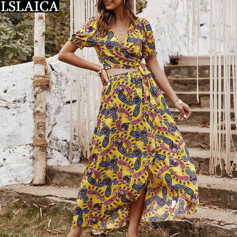 Women Sets Clothes Short Sleeve Top&long Skirt Print Vintage Fashion Elegant 2 Piece Streetwear Outwear Two Summer 210515