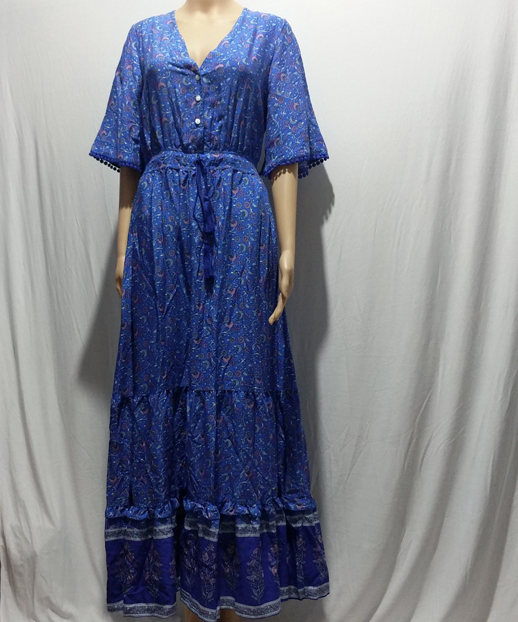 Women Dress Printed Bohemia es Sexy Long Print Floral Maxi V Neck Lace Up Ruffle Plus Size Summer es 210513
