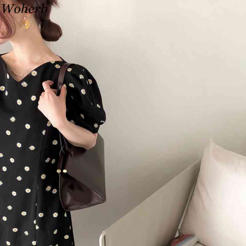 Summer Korean Floral Printed Robe Women Long Dress Short Puff Sleeve V-neck Chic Elegant Dresses Fashion Vestidos Femme 210519