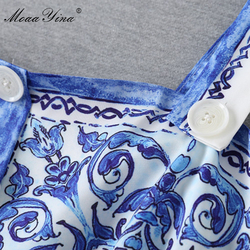 Fashion blue white porcelain print summer dress spaghetti strap front buttons slim casual dresses 210524