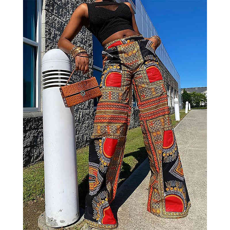 Women Pants Capris High Waist Printing Wide Leg Plus Size Long Trousers Fashion Casual 210513