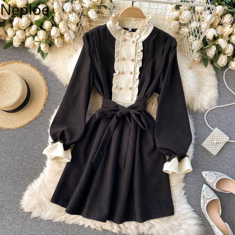 Neploe Vintage Woman Dress Chic Double-breasted Slim Mini Dresses Women Ruffles Flare Sleeve Lace Up Robe Vestidos 4G849 210422
