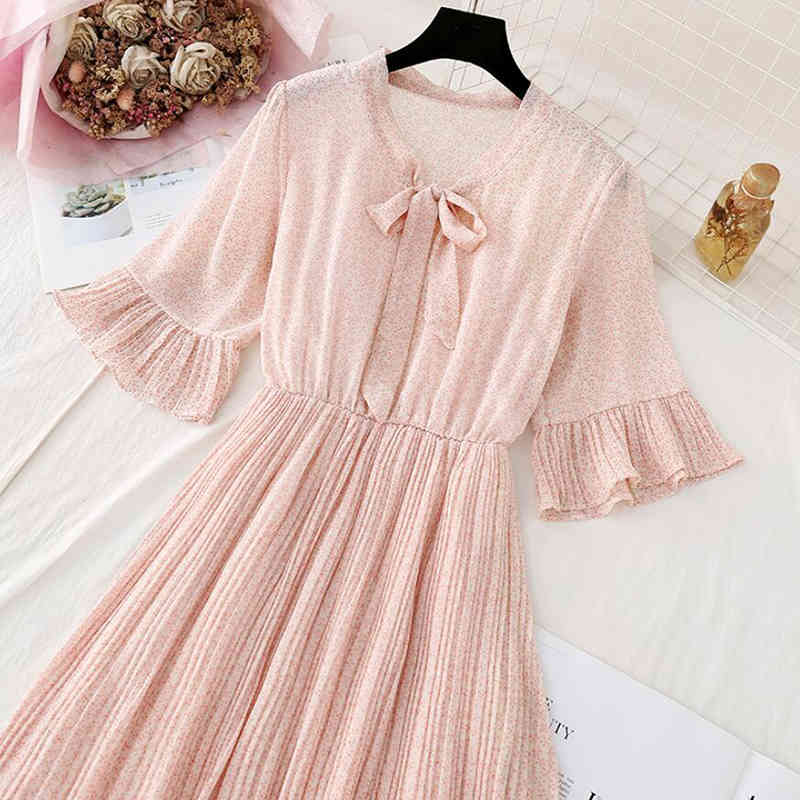 Summer Short Sleeved Chiffon Dress Women Bow Floral Ruffled Pleated Dresses Elastic Waist Print Female Mid-calf Vestidos 210521