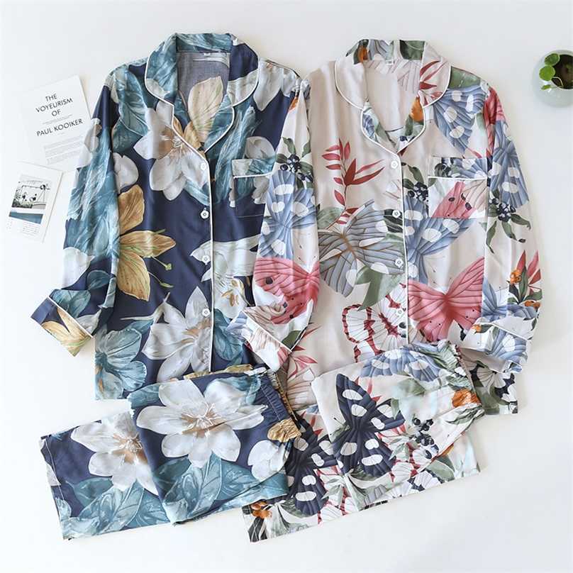 spring and autumn long-sleeved trousers ladies pajamas set viscose cardigan butterfly flower simple thin home service summer 211118