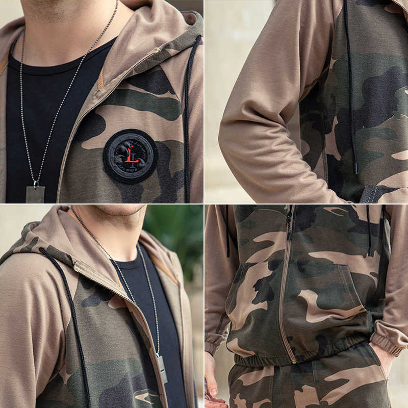 Camo Men Tracksuit Hooded Sweatshirt+2 Pieces Sports Wear Gym Clothing Jacket Casual Camouflage Joggers Set Autumn Winter 210603