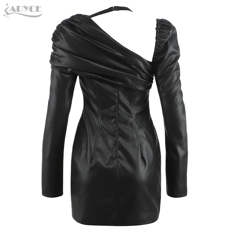 Mini Black Summer Dress For Women Sexy Long Sleeve Draped PU Celebrity Evening Runway Club Party Outfit Lady Dresses 210423